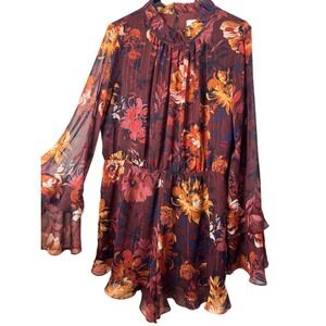 Ali & Jay Floral Romper Dress XL Long Flared Sleeve Open Back‎ Boho Retro